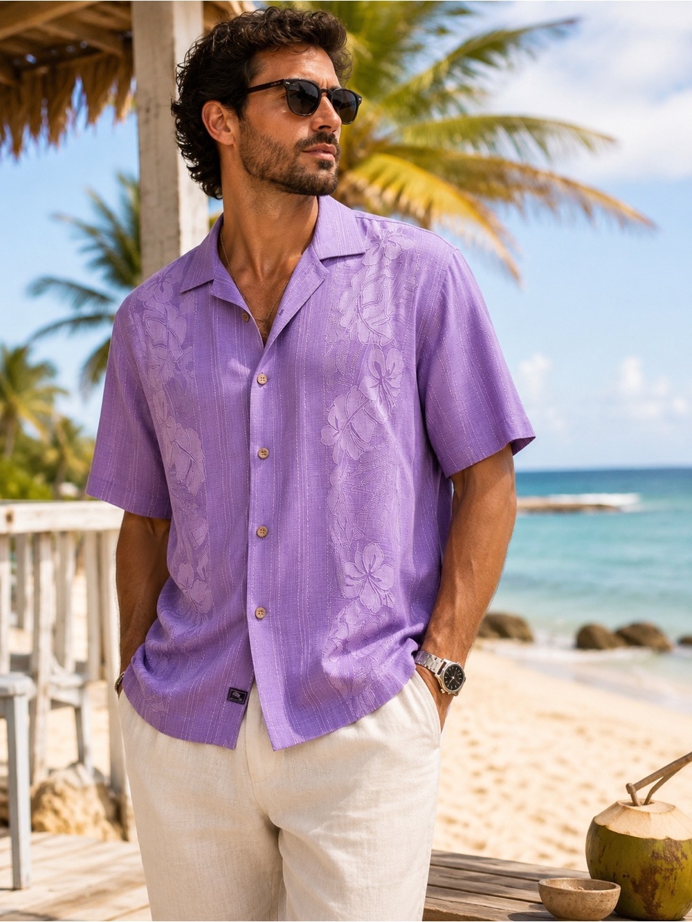 Tommy Bahama 100% Silk Purple Hawaiian Camp Shirt | Embroidered Tiki Hibiscus |
